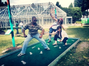 Summer is the time to do fun things with friends, such as mini golf.  If you can pose as hazards on the course for your friends to putt around, well, all the better. (Pictured: John Harrison, Sheryl Raygor, and of course, me.) Photo courtesy of Deb Paley.