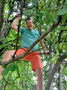 Smiling man in apple tree